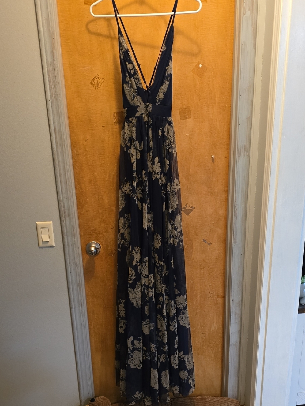 Luxxel Navy and Cream Floral Maxi Dress with Deep V